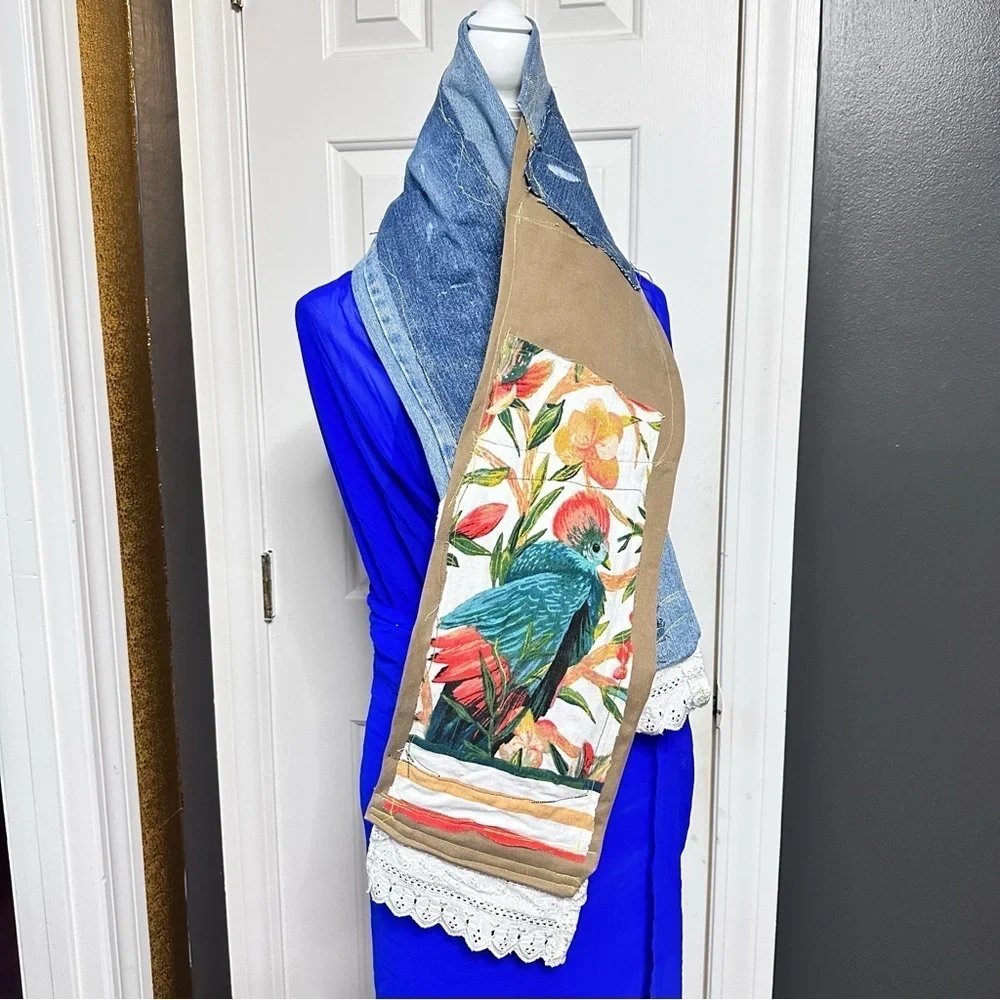RUBYRUDI Denim Patchwork Scarf ARTISAN Handcrafted Upcycled OOAK Sustainable Art